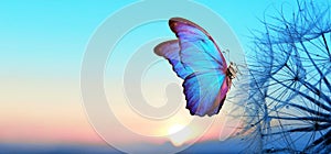 Natural pastel background. Morpho butterfly and dandelion. Seeds of a dandelion flower in droplets of dew on a background of sunri