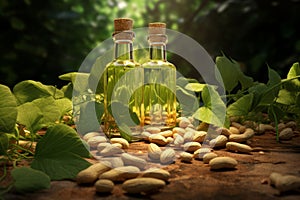 Natural peanut oil in a glass jar with verdant leaves and peanuts on wooden table. Generative AI