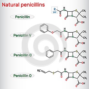 Natural penicillins antibiotic drug molecule. Benzylpenicillin , phenoxymethylpenicillin, almecillin. Structural chemical formula