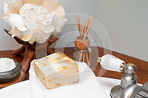 Natural personal care items on a wooden bathroom counter