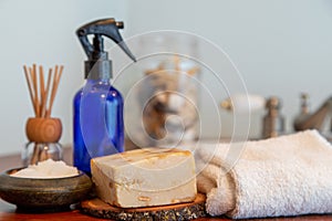 Natural personal care items on a wooden bathroom counter