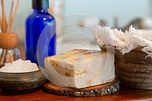 Natural personal care items on a wooden bathroom counter