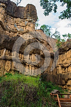 Natural phenomenon of eroded cliff, soil pillars, rock sculptured by water, wind for million years