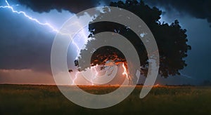 Natural phenomenon of lightning flashing light Lightning strikes the ground and trees from heavy rain and thunderstorms and