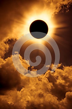 Natural phenomenon. Solar eclipse space with cloud on gold sky photo