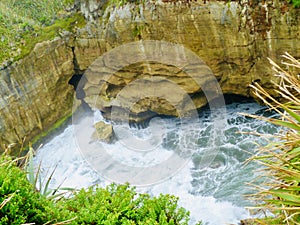 A natural phenomenon on the west coast of New Zealandâ€™s South Island called The Pancake Rocks.