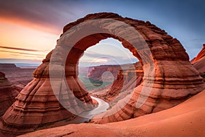 Natural picturesque erosive arch in hills from red sandstone.