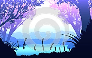 Natural pine forest mountains horizon hills Sunrise and sunset Landscape wallpaper Illustration vector Cartoons style Colorful