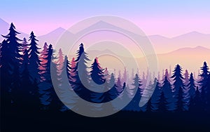 Natural Pine forest mountains horizon Landscape wallpaper silhouette tree sky Sunrise and sunset Illustration vector style