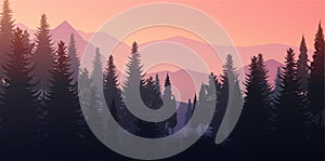 Natural Pine forest mountains horizon Landscape wallpaper Sunrise and sunset Illustration vector style colorful background photo