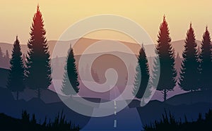 Natural pine trees forest. Mountains horizon hills and the route. Sunrise and sunset. Landscape wallpaper. Illustration vector.