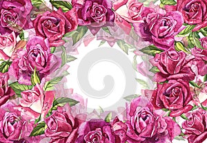 Natural pink roses background. Frame of red and pink roses, watercolor illustration.