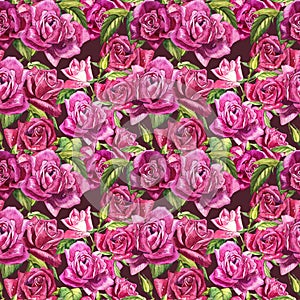 Natural pink roses background. Seamless pattern of red and pink roses, watercolor illustration.