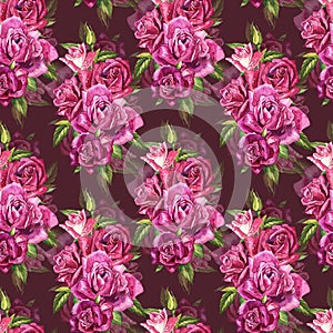 Natural pink roses background. Seamless pattern of red and pink roses, watercolor illustration.