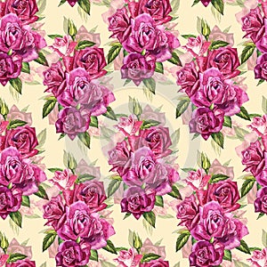 Natural pink roses background. Seamless pattern of red and pink roses, watercolor illustration.