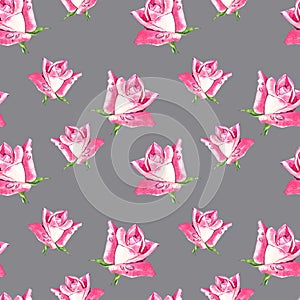 Natural pink roses background. Seamless pattern of red and pink roses, watercolor illustration.