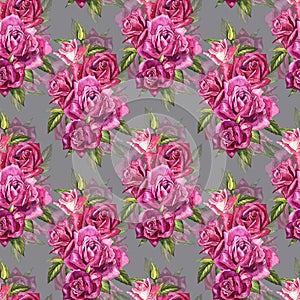 Natural pink roses background. Seamless pattern of red and pink roses, watercolor illustration.