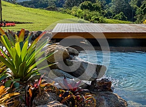 Natural pool with clear blue waters, in a beautiful garden.