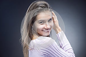 Natural Portrait of Sensual Smiling Caucasian Brunette Woman With Beautiful Long Hair