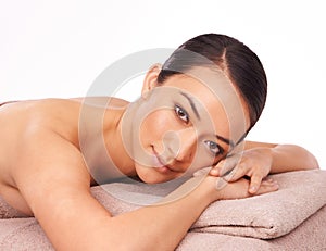 Natural, portrait and woman at spa for massage with skincare, grooming or body treatment in studio. Happy, health and