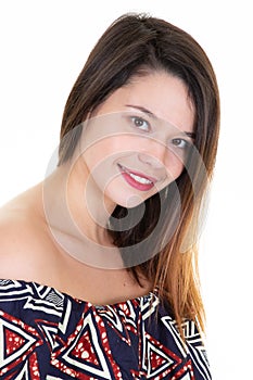 Natural pretty portrait young woman on white background with happiness and smiling face