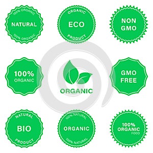 Natural Product Eco Stamp Silhouette Icon Set. Non Gmo Green Badge. Healthy Organic Vegan Food Pictogram. 100 Percent