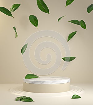 Natural Product Podium With Beige Background And Falling Green Leaves 3d Render