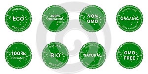 Natural Product Rubber Stamp Set. Gmo Free Grunge Label. Non Gmo Badge. Organic Vegan Eco Food Icons. Bio Healthy