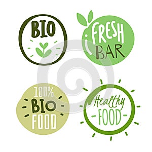 Natural products logo stickers. Organic fresh food labels with text and leaves. Eco and bio circle hand drawn packaging