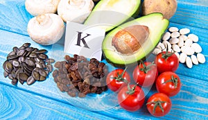 Natural products rich in potassium K . Healthy food concept.