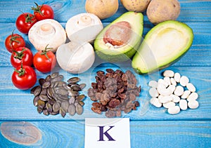 Natural products rich in potassium K . Healthy food concept.
