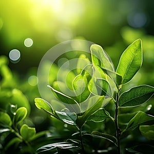 Natural radiance Green leaves with bokeh and sunlight background