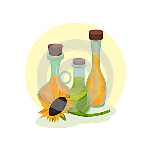 Natural rapeseed, sunflower and olive oil. Glass bottles with liquids. Cooking ingredients. Flat vector element for