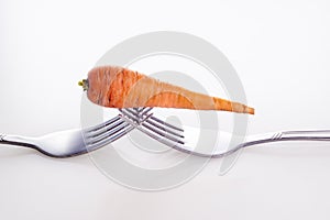 Natural raw carrot from the garden, on forks on white background