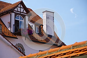 Natural red tiled roofs in front of blue sky