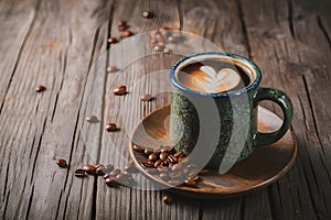 Natural refreshment fresh coffee in rustic mug on wooden table