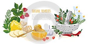 Natural remedies or folk medicine banner. Herbalism and Ayurveda concept photo