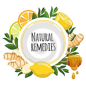 Natural remedies frame banner. Lemon, ginger, honey, mint for cough remedy