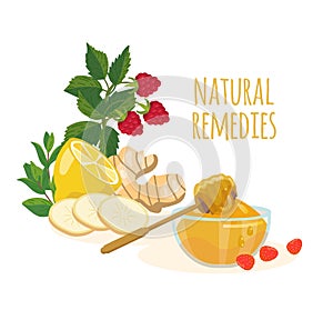 Natural remedies ingredients lemon, ginger,raspberry, honey. Folk medicine