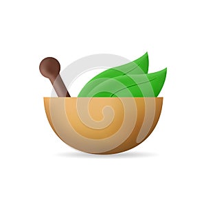 natural remedy traditional herbal with leaves, bowl and mortar medicine concept 3d illustration 3d icon isolated in white