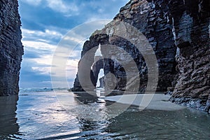 Natural rock arches Cathedrals beach, Playa de las catedrales at Ribadeo, Galicia, Spain