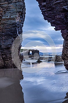 Natural rock arches Cathedrals beach, Playa de las catedrales at Ribadeo, Galicia, Spain