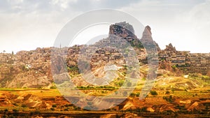 Natural rock castle of Uchisar is highest point in Cappadocia, Nevsehir Province, Turkey