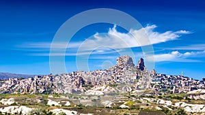 Natural rock castle of Uchisar is highest point in Cappadocia, Nevsehir Province, Turkey