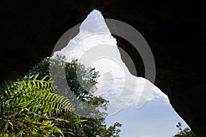 View of the Blue Cloudy Sky Through a Natural Rock Formation.
