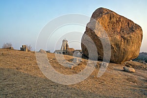 Natural rock formation and landscape and virupaksha temple at hampi karnataka india