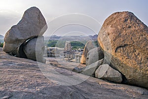 Natural rock formation and landscape and virupaksha temple at hampi karnataka india