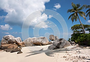 Natural rock formation in the sea and on white sand beach with a palm tree in Belitung Island.