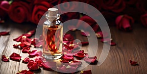 Natural rose essential oil in small glass bottles on wooden background among red roses petals, copy space, selective focus