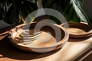 Natural round wooden tray with grains on white table, blank copy space, AI generated